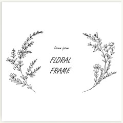 Hand-drawn floral frames with flowers, branches, and leaves. Wreath. Elegant logo template. Vector illustration for labels, branding business identity, and wedding invitations.