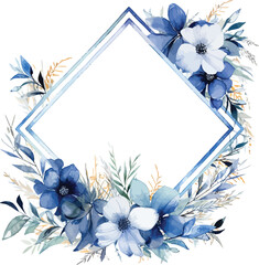 Blue white floral watercolor with geometric frame