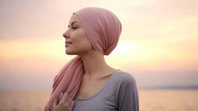 Standing against sky. Woman in oncology treatment of cancer. Beautiful illustration picture. Generative AI