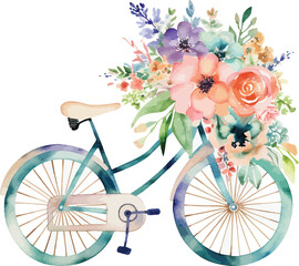 Bicycle with floral Spring Watercolor Clipart 