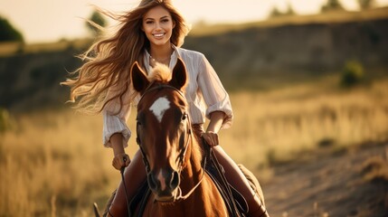 Young happy woman is riding a horse. Beautiful illustration picture. Generative AI - obrazy, fototapety, plakaty