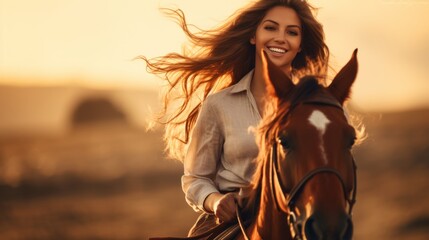 Young happy woman is riding a horse. Beautiful illustration picture. Generative AI - obrazy, fototapety, plakaty