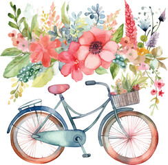 Bicycle with floral Spring Watercolor Clipart 