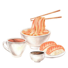 Japanese Food noodles and sushi. Watercolor illustration Isolated on white background. Hand drawn rice ball with salmon. Drawing of Korean cuisine for menu design and printing