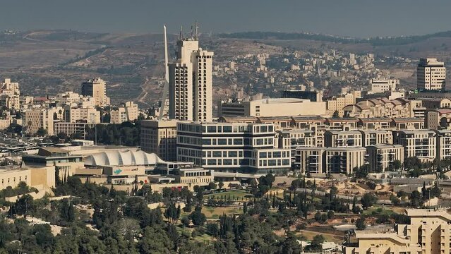 Jerusalem saker park, supreme court, cinema city, aerial drone 4k Israel