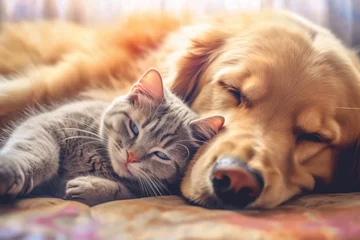 Tuinposter Close up cat and dog together lying Generative AI. © BOONJUNG