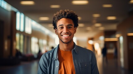 Fototapeta premium Young smiling african american student is standing. Beautiful illustration picture. Generative AI