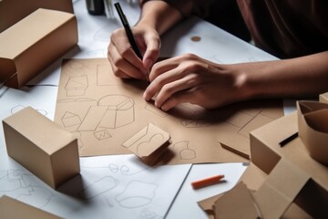 Designer sketching drawing design Brown craft cardboard paper packaging mockup box Generative AI. - obrazy, fototapety, plakaty