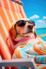 Cão divertido apanha sol na espreguiçadeira  durante as férias.