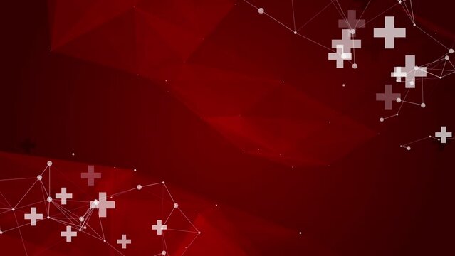 White icons of medical pluses with plexus lines. Looped red healthcare background with abstract shapes.