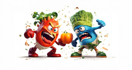 Fototapeta premium Animated fighting vegetables, child marketing, classroom resources, health education, humorous, classroom planning, promoting health awareness. Striking and humorous imagery, white background. 3d