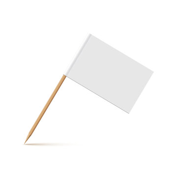 White flag on wooden toothpick. Rectangle paper topper for cake or other food isolated on white background. Blank mockup for advertising and promotions, location mark, map pointer
