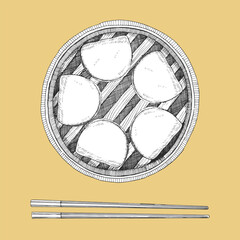 Asian dishes. Hand-drawn illustration of Bamboo Steamer with Boa-Bao. Vector. Ink drawing. 