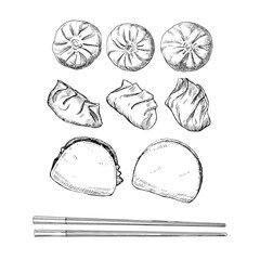 Asian dishes. Hand-drawn illustration of Bamboo Steamer with Boa-Bao. Vector. Ink drawing. 
