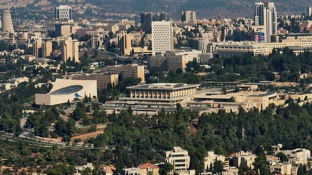 Knesset parliament Israeli goverment building in Jerusalem, aerial drone view 4k