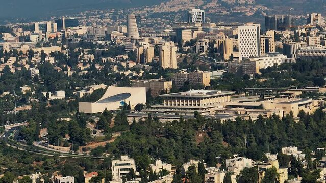 Knesset parliament Israeli government building in Jerusalem, aerial drone view 4k