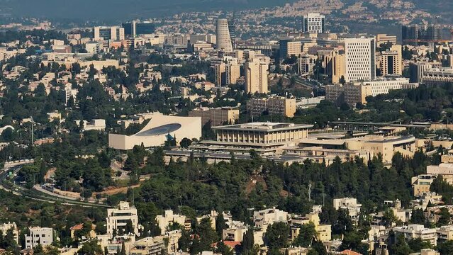 Knesset parliament Israeli government building in Jerusalem, aerial drone view 4k