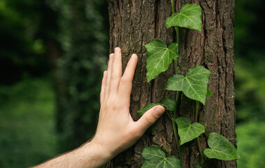 A man's hand touches the bark of a tree covered with ivy in the forest, wild forest travel, ecology, energy forest nature concept.