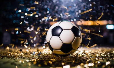 A soccer ball on a pitch with stadium lighting and confetti streamers, Generative AI