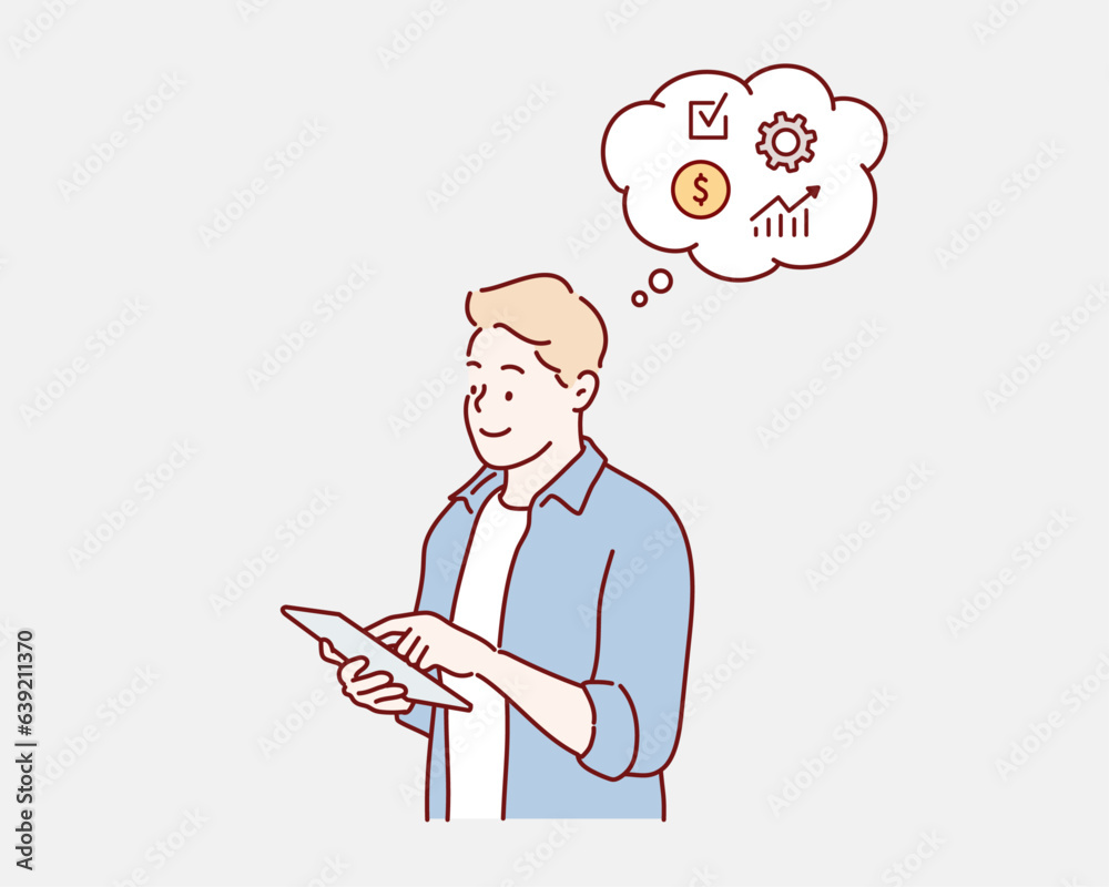 Wall mural man using tablet computer and thinking of a work plan. business development concept. hand drawn styl