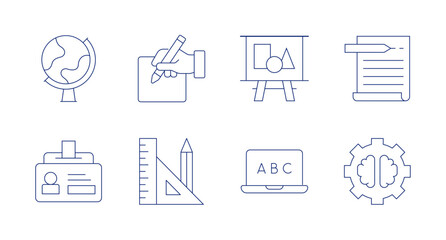 Education icons. Editable stroke. Containing globe, writing, geometric shapes, employee, tools, elearning, think.