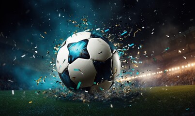 Fototapeta premium A soccer ball on a pitch with stadium lighting and confetti streamers, Generative AI