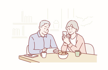 Senior couple writing emails on their phone and tablet. Hand drawn style vector design illustrations.