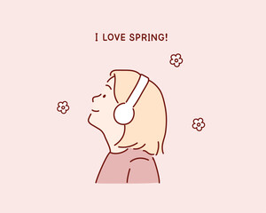 Young woman rests listening the music on nature in the spring. Hand drawn style vector design illustrations.