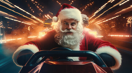 santa driving, santa Formula One car , Christmas, Generative AI