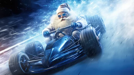 Fotobehang Auto cartoon santa driving, santa Formula One car , Christmas, Generative AI