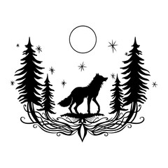 Wolf im Wald mit Vollmond und Sternen. Vektor Tier Silhouette für Halloween im Herbst. 