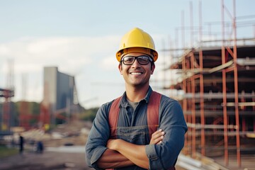 Smiling Hispanic man at construction site, wearing hardhat and goggles. Photo generative AI