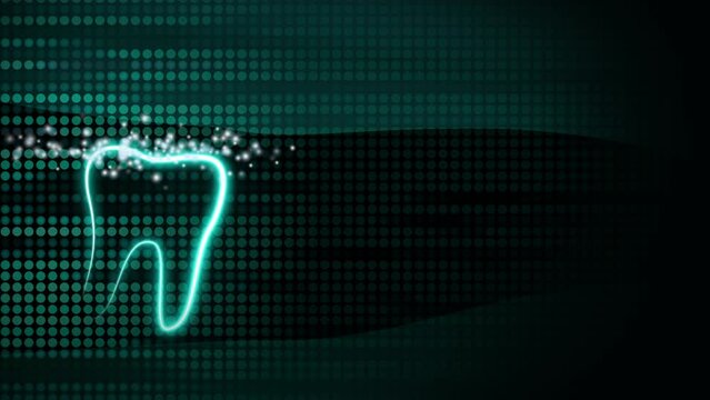 Dental abstract green background with dots. Glowing tooth icon with shiny particles. Copy space. Looped animation.