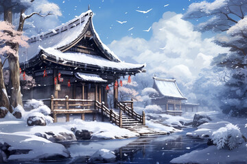 japanese style background, a castle in winter - obrazy, fototapety, plakaty