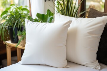 White pillow mockup of a bed in the hotel bedroom 