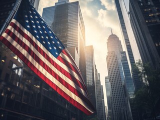 Low-Angle View of Skyscrapers Converging to American Flag Symbolizing National Ambitions and Architectural Wonders