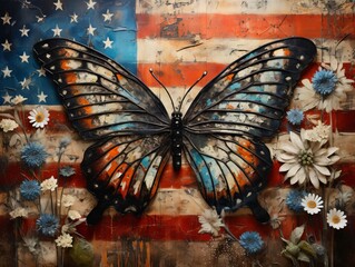 Artfully captured, a butterfly with wings resembling the American flag rests on a wildflower. A fleeting moment of natural beauty and symbolism, frozen in time