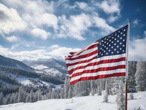Amidst a snowy expanse, the bold colors of the American flag stand out against a pristine winter backdrop, adding warmth to the chilly landscape