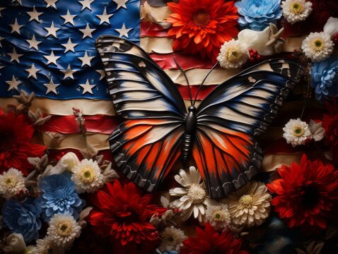 Artfully captured, a butterfly with wings resembling the American flag rests on a wildflower. A fleeting moment of natural beauty and symbolism, frozen in time
