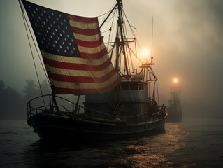Captured professionally, the American flag waves from the bow of a fishing boat against the misty morning ocean