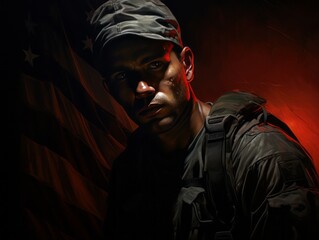 Embracing chiaroscuro lighting: Soldier's American flag patch illuminates, signifying hope amid darkness