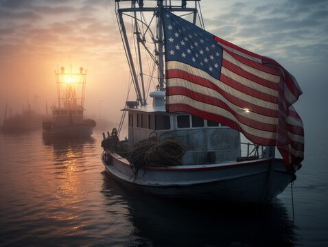 Captured professionally, the American flag waves from the bow of a fishing boat against the misty morning ocean - Powered by Adobe