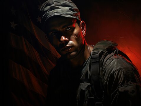 Embracing chiaroscuro lighting: Soldier's American flag patch illuminates, signifying hope amid darkness