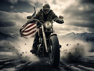 A motorcycle speeds down an open road with a large American flag trailing behind. The shot, frozen in time by the photographer, symbolizes freedom, adventure, and a hint of rebellion.