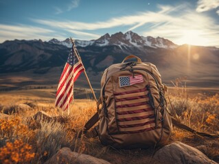 The American tiny pin flag on the backpack of a solo traveler. Amidst vast mountains, it subtly showcases the spirit of adventure and homeland pride. - obrazy, fototapety, plakaty