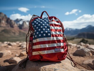 The American flag on the backpack of a solo traveler. Amidst vast mountains, it subtly showcases the spirit of adventure and pride for one's homeland pride.