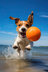 C&atilde;o divertido brinca com bola na praia durante as f&eacute;rias.