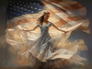 In a soft focus dreamlike state, a ballerina pirouettes with the American flag, portraying elegance, freedom, and the dance of democracy.