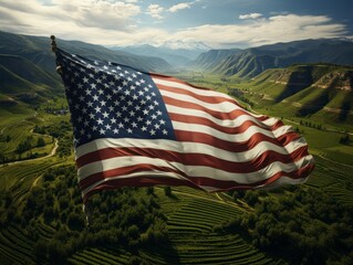 In the heart of a lush green valley, the American flag stands tall, creating a dynamic juxtaposition of cultivated land and symbolic representation.