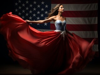 Masterfully photographed, a young ballerina poses mid-leap, the American flag flowing like a cape behind her. The scene is an artistic fusion of grace, strength, and national pride.